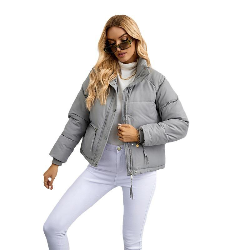 Womens Cropped Puffer Jacket Full Zip Quilted Jackets Warm Winter Coat Outerwear With Pockets