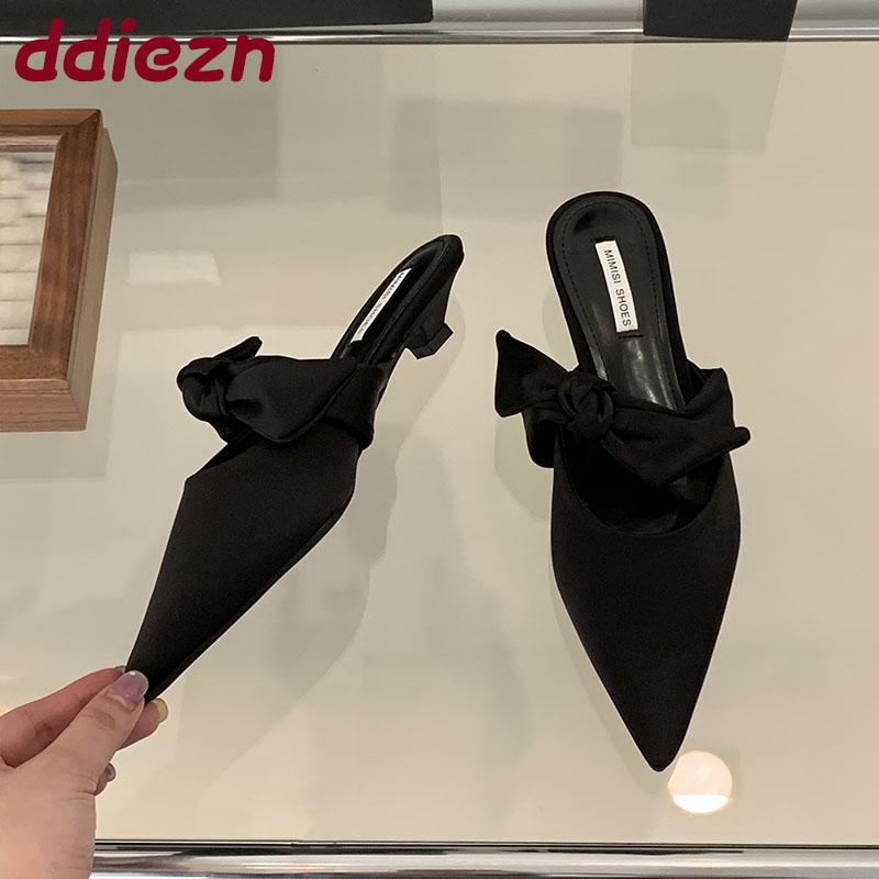Fashion Fashion Butterfly-Knot Ladies Heeled Pumps Shoes Female Pointed Toe Low Heel Footwear Shallow Slides Shoes For Women Mules Lady