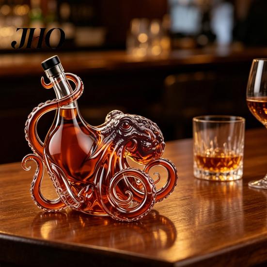 Nautical Wine Decor Octopus-Shaped Glass Decanter, 3D Artistic Borosilicate Bottle for Whiskey Soda, Octopus 350ml Decorative Liquid Bottle,