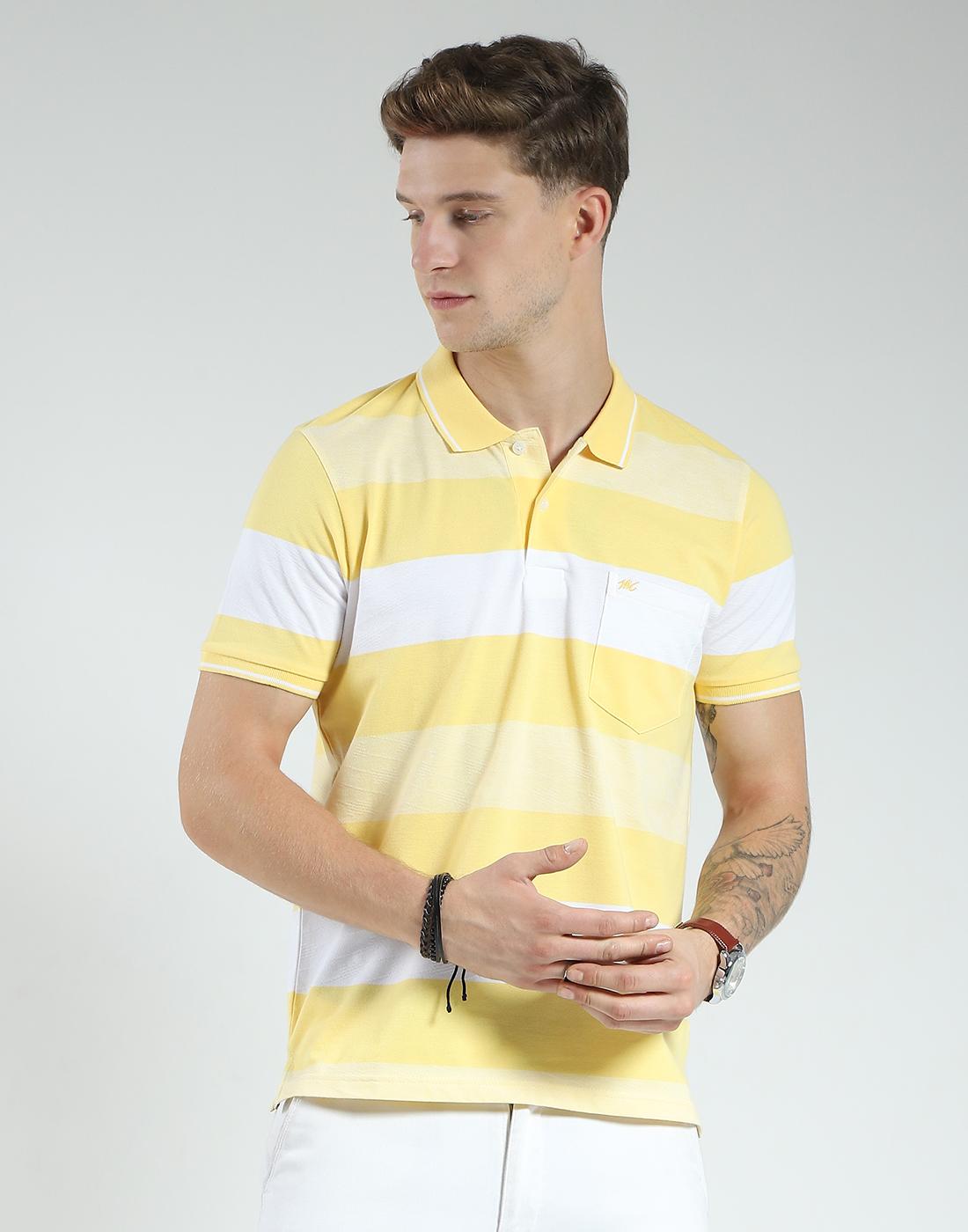 MONTE CARLO Heren Regular Fit Gestreept Poloshirt | Halve Mouw | Kraag | Casual T-shirt voor Heren 2XL geel