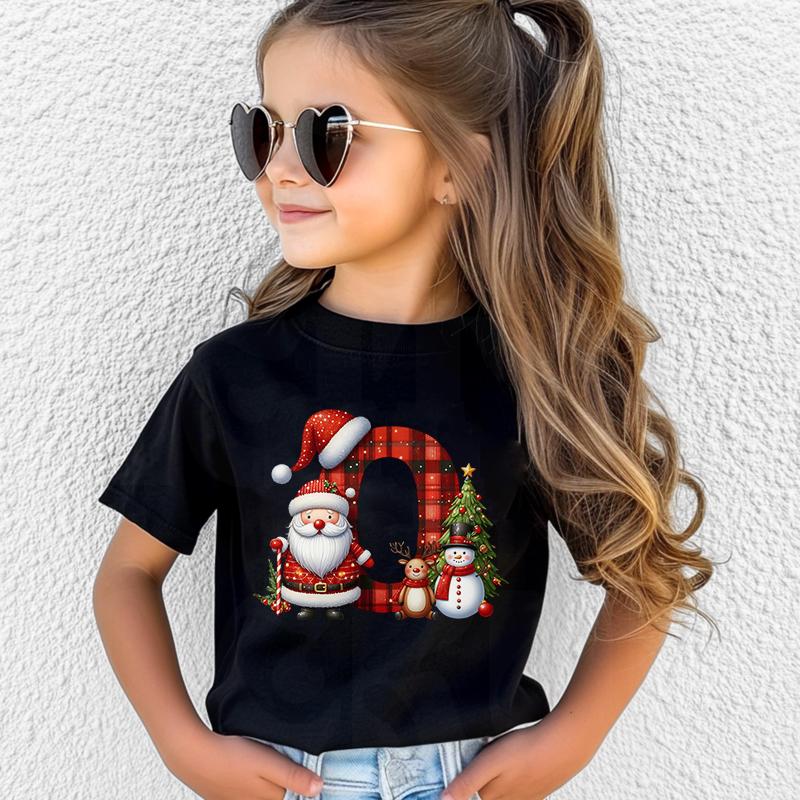 Personalized Kids Christmas T-shirt with A-Z Alphabet Print, Santa Hat Design for Boys & Girls