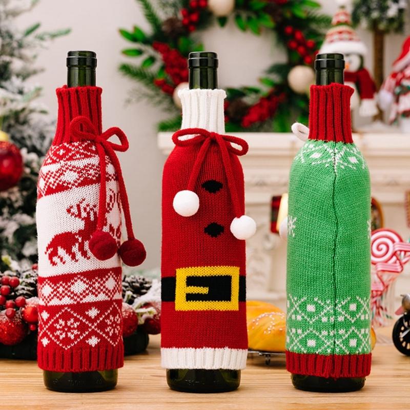 3Piece Festival Snowflake Knits Wine Bottle Sleeves Wine Bottle Cover For Christmas Celebration Festival Wine Dress