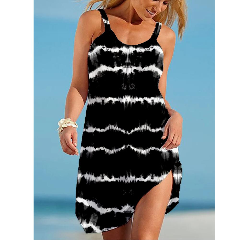 Summer New 3D Printed Pattern Wide Edge Suspender Stripe Sleeveless Dress Loose Casual Women's Clothing