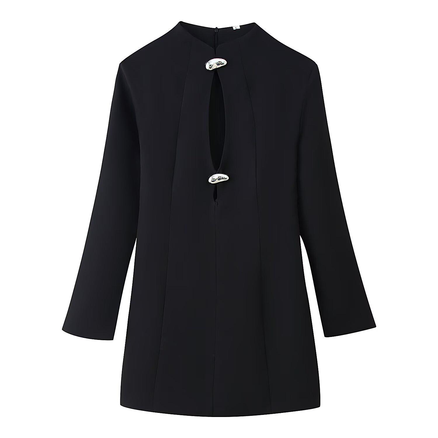 

European American Women s Fashion Stand Collar Hollow Long Sleeve Waist-Cinched Dress L чёрный