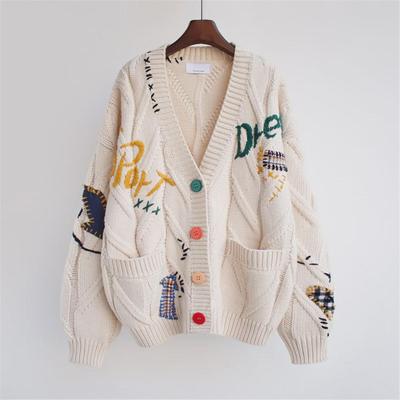 2024 Spring/Autumn Embroidered Knit Cardigan - Women's Loose Fit, Lazy Style Sweater Jacket