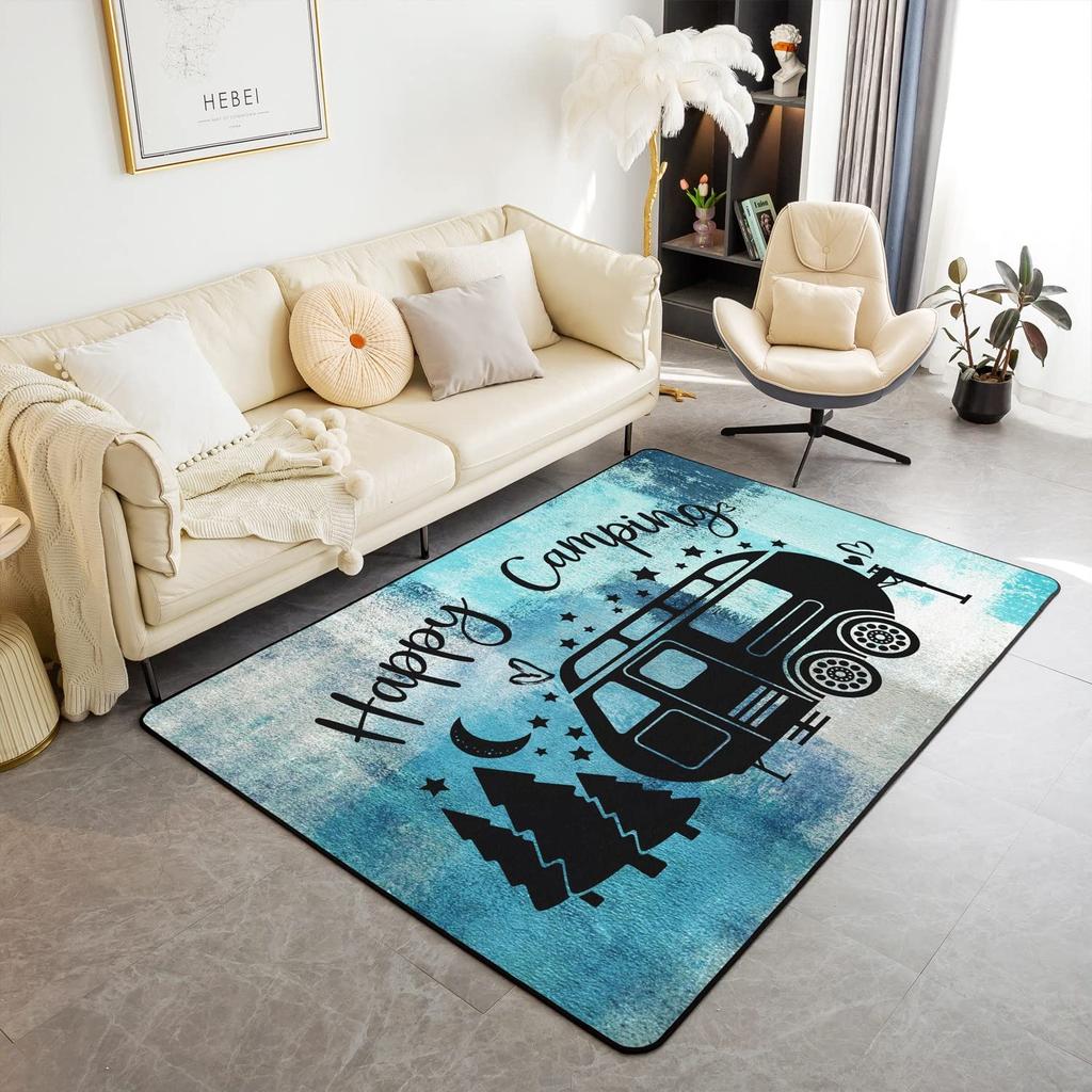 Happy Camping Living Room Rugs,Rv Car Area Rug,Vintage Farmhouse Style Non Slip Carpet, Camper Indoor Floor Mat for Travel Lover