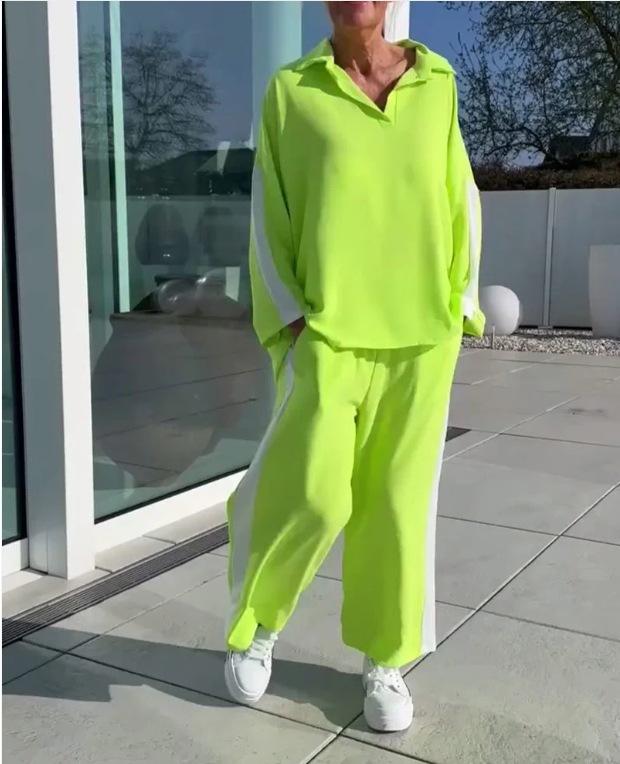 

Женский спортивный костюм на лето, популярный стиль, лацкан, длинный рукав, модный и повседневный костюм-двойка S флуоресцентный зеленый