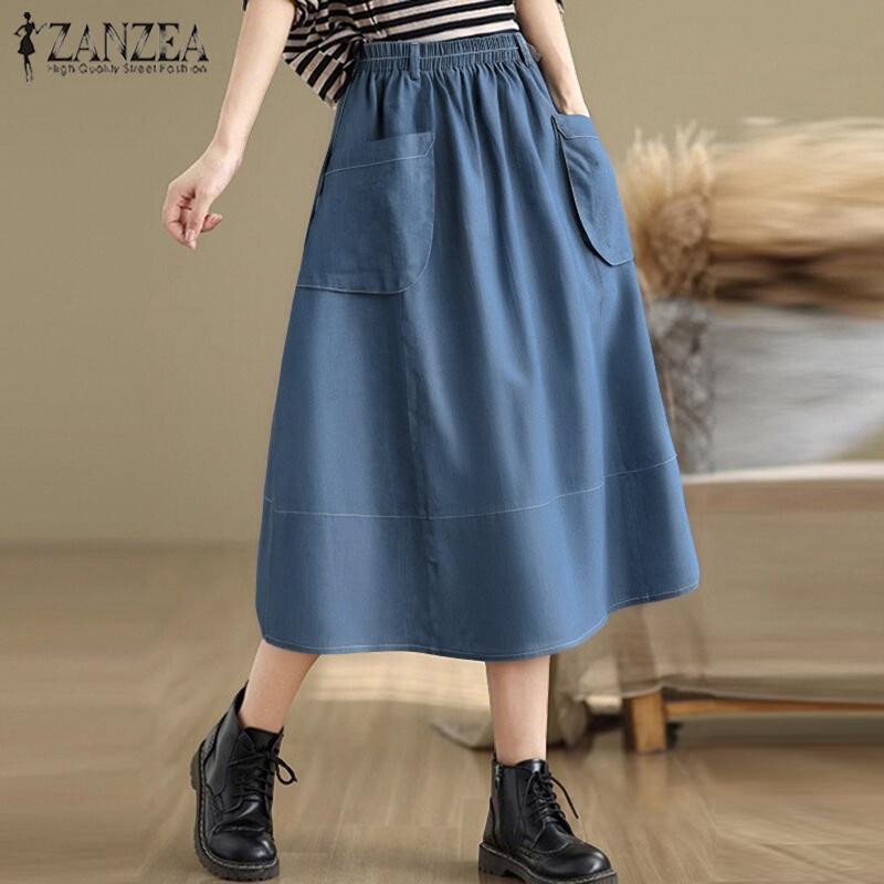 

ZANZEA Women Casual Patch Pocket Elastic Waist Loose Skirt S синий