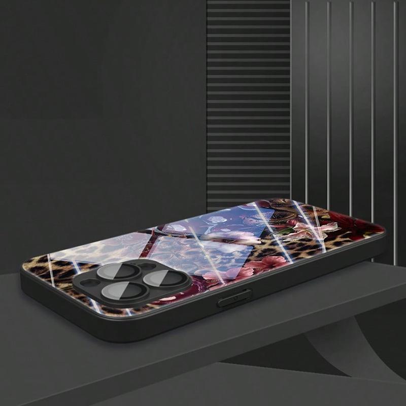Luipaard Kersenpatroon Gehard Glas Telefoonhoesje Voor iPhone 17 16 15 14 13 12 11 Pro Max 17Air 16E 7 8 15 Plus XR XS X Hoesje