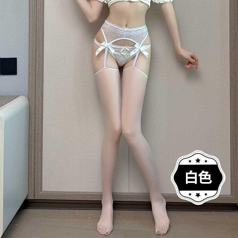 Summer Ultra-thin Stockings Sexy Black Silk Suspenders Integrated Women's Lace Bow Fun Open Stockings