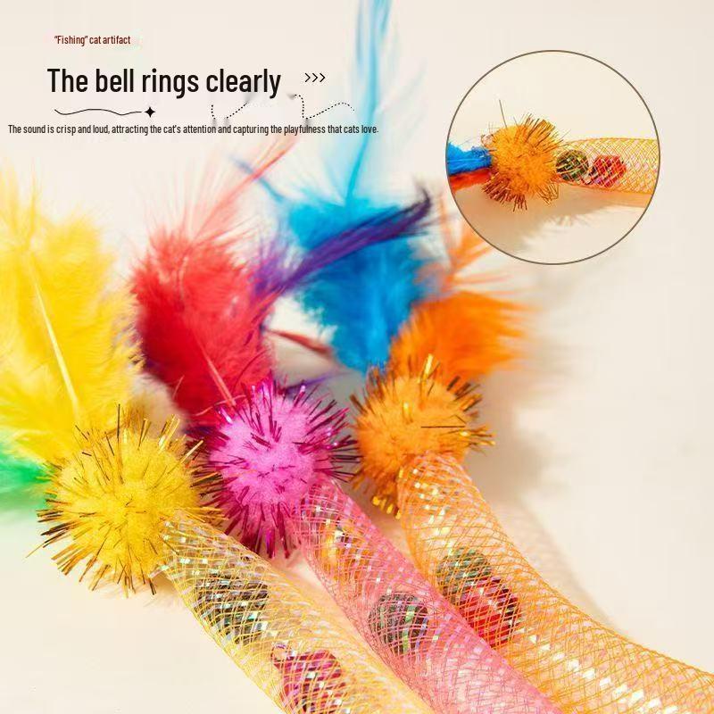 Durable Feather & Bell Cat Teaser with Long Handle: Elastic Mesh Tube for Self-Entertainment
