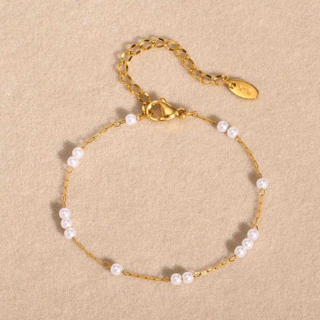 Pearl With Zirconia Beaded Bracelets for Women, Link Chain Bracelet,18k Gold Plated Stack Adjustable Jewelry