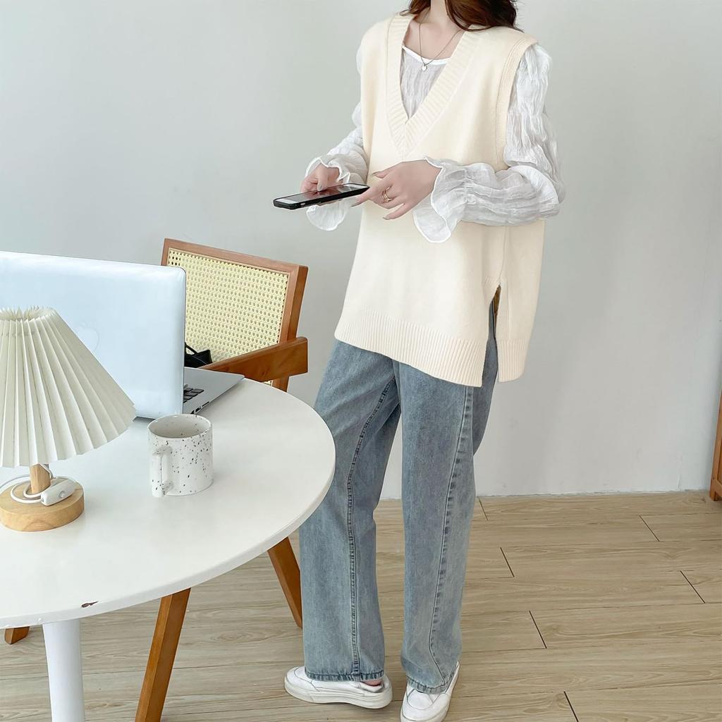 SeiunAn Knit Knit Long Plus Solid Loose Office Korean Fall Warm Women's Vest, Sweater, Vest, Autumn, Winter, Spring, V-Neck Top, Sleeveless, Gilet,