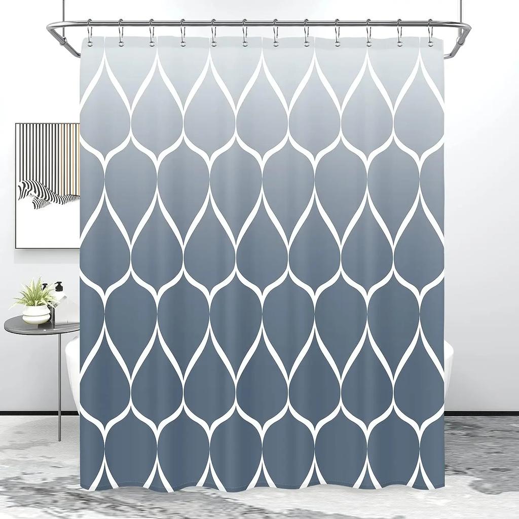 Fabric Geometric Shower Curtain, Mid-Century Modern Geometric  Herringbone Chevron Blue Black Gray Square Bathroom Decoration