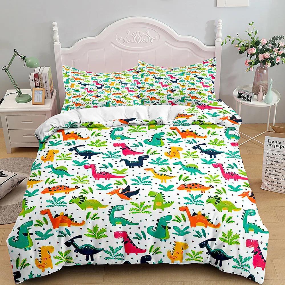 Cartoon Dinosaur Duvet Cover King Queen Size Colorful Jurassic World Animals Theme Bedding Set Kids 2/3Pcs Polyester Quilt Cover