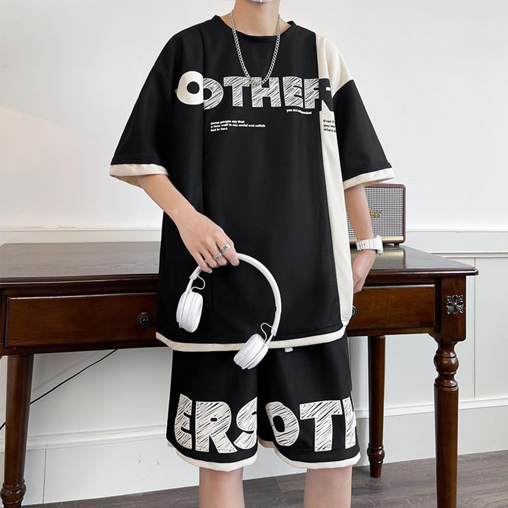 SUKESEM Summer Short Sleeve Plus Sizes Loose Stylish Tracksuit Top and Solid Comfortable Sportswear Size Men's T-Shirt Set, Available, Fit, Pants,