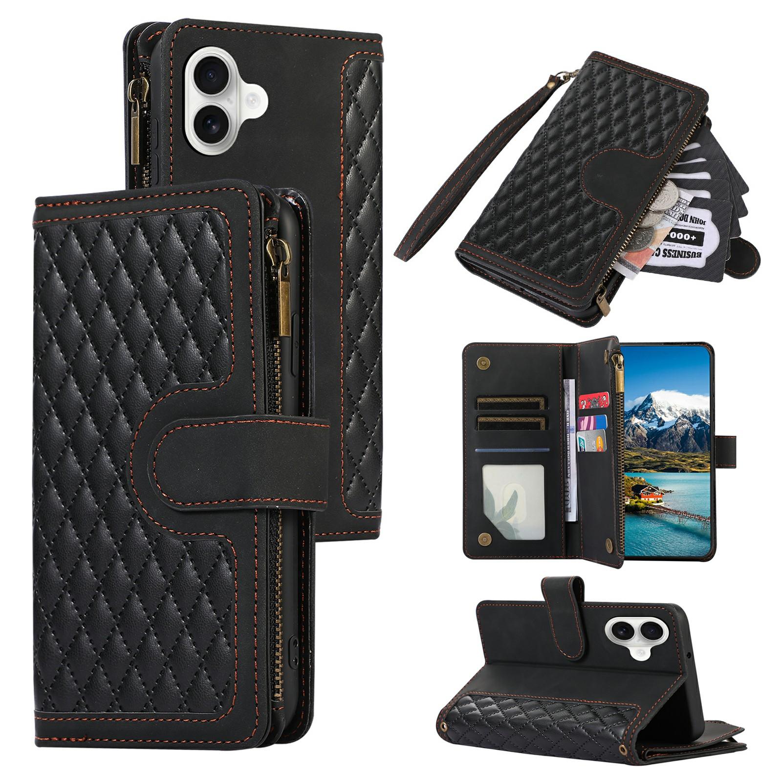 

For iPhone 17 Case 9 Card Slots Rhombus Design Leather Phone Cover with Wrist Strap Black