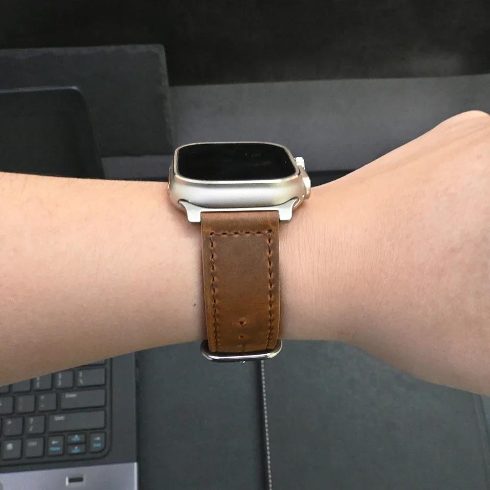 Genuine Leather Band for Apple Watch 49mm 46mm 45mm 44mm Watchband Correa for iWatch Ultra 2 series 10 9 8 7 6 5 4 Se Men Strap