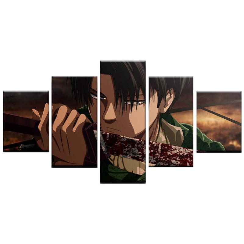 

Модульные картины для домашнего декора, картина с принтом на холсте, 5 панелей, Атака на Титанов, кровь, Леви Акерман, меч, постеры, настенное искусство, комната для мальчиков 20x35cm*2 20x45cm*2 20x55cm*1