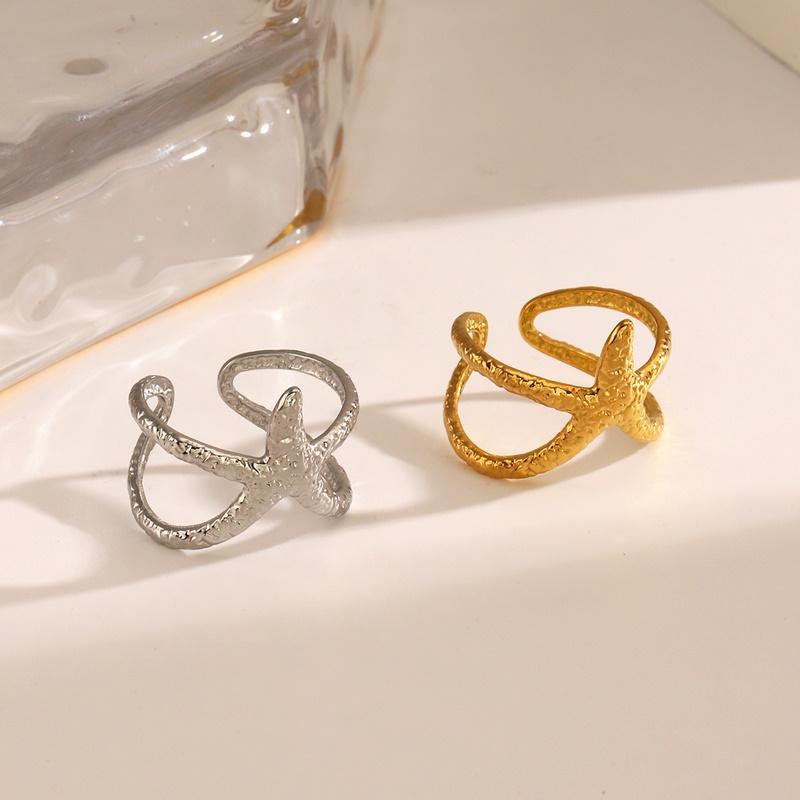 Stainless Steel Starfish Open Rings For Women Men Fashion Golden Color Irregular Textured Starfish Adjustable Ring Jewelry Gift