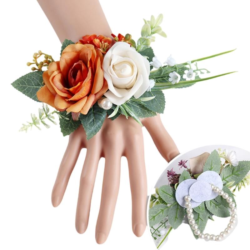 Handmade Flower Wristbands Wrist Flower Realistic Rose Boutonniere for Bridesmaid and Event Decoration Optional Color