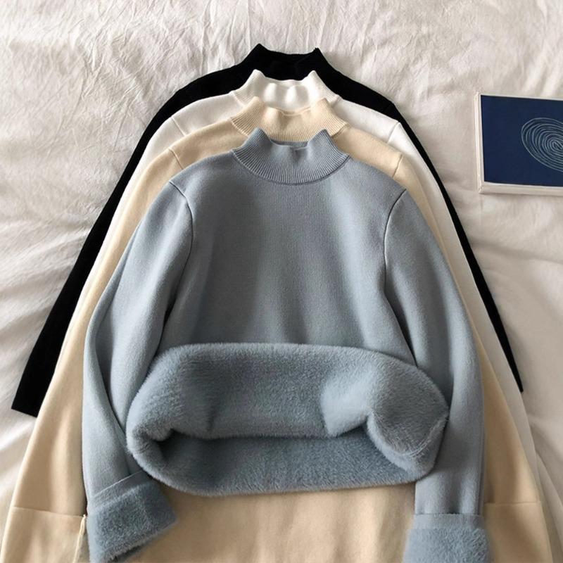 Autumn and Winter New Semi-turtleneck Fleece Sweater Bottoming Shirt Women's Integrated Fleece Thickened, Warm and Slim, Knitted Inside