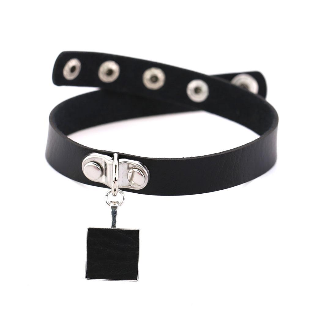 Harajuku Geometric Square Choker, Block Pendant PU Leather Short Clavicle Necklace