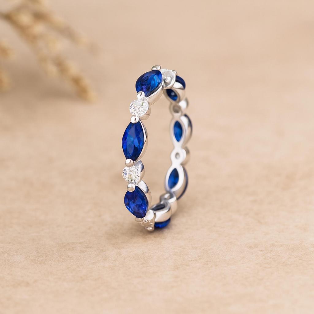 Sapphire & Cubic Zirconia Eternity Band for Women | Full Marquise Cut Wedding Ring | 925 Sterling Silver Anniversary, Engagement, Promise Gift