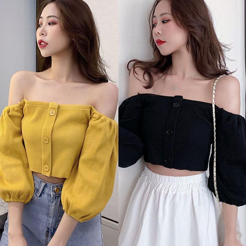 

Women Slash Neck Blouse Slim Exposure Shirt Pullover Tops Solid One Size