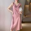 2025 Women's Long Satin Sleeveless Summer Dress - Over the Knee, Solid Color, Large Size