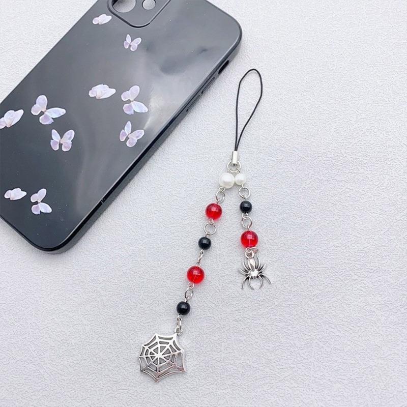 Handmade Beaded Phone Chain Halloween Spiderweb Cellphone Charm Colorful Keyring Pendant Keychain Jewelry Accessory