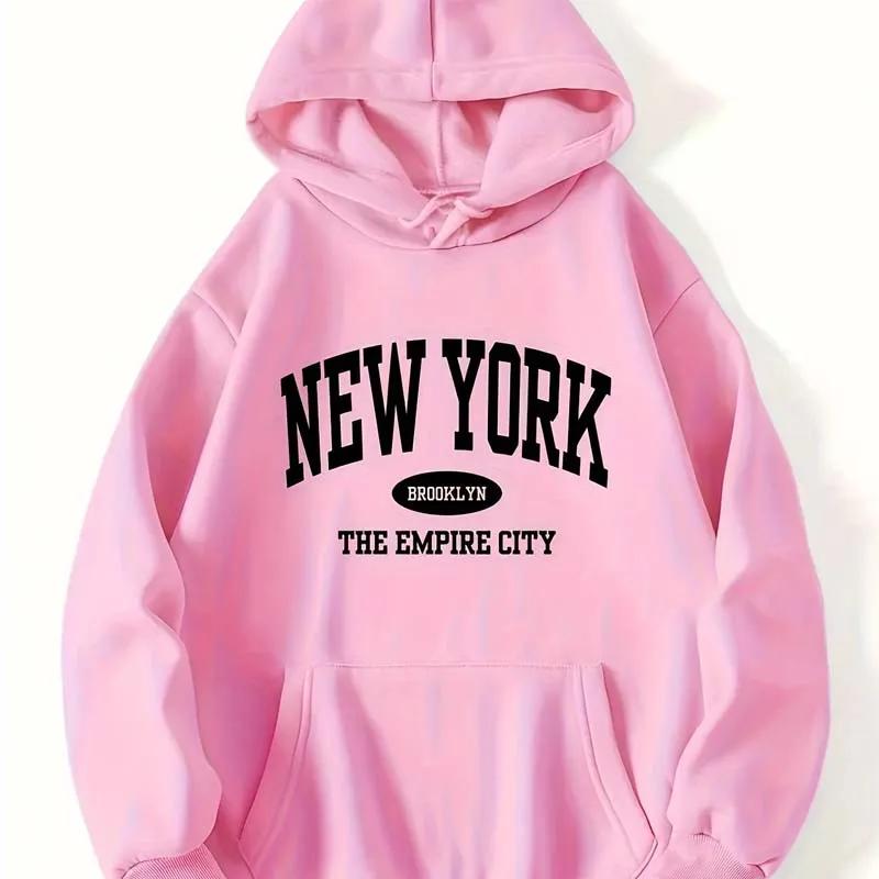 NEW YORK Pattern Hooded Sweatshirt Soft Drawstring Top Long Sleeves Jogging Fleece Fall Winter Pullover Sports Casual Hoodies