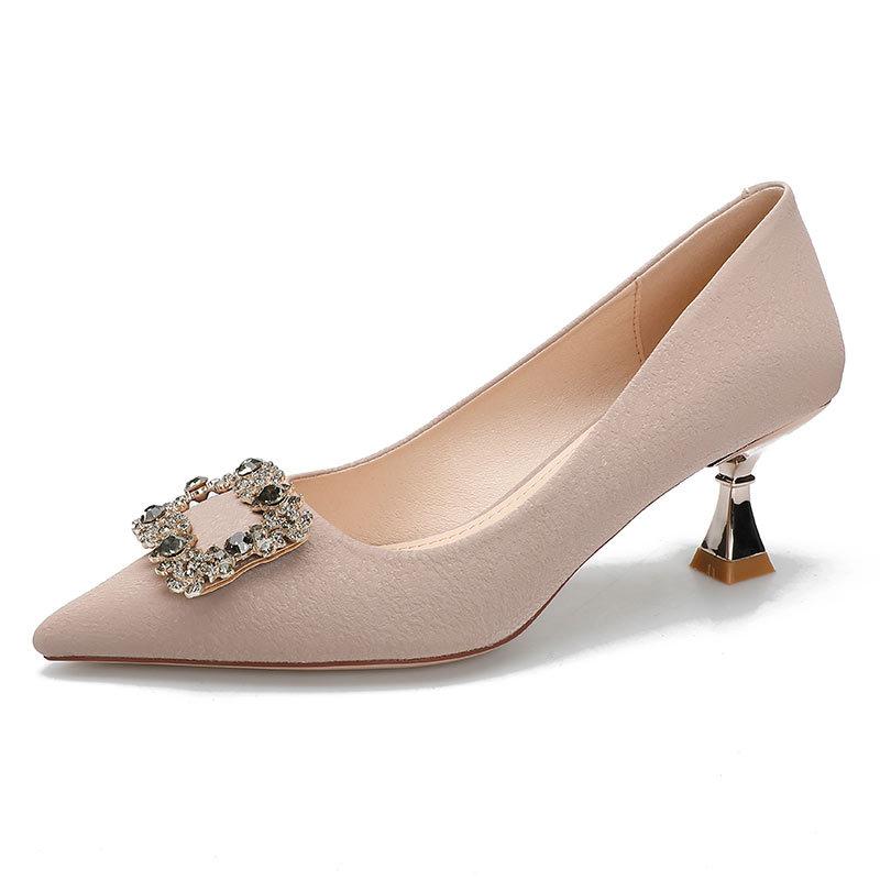 New High Heels Women's Thin Heels Fashion Rhinestone Square Buckle Pointed Single Shoes Black Temperament Small Heels