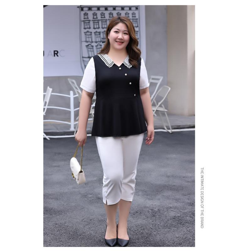 Plus Size Women's Summer New V Neck Waist Slimming Chiffon Short Sleeved Top
