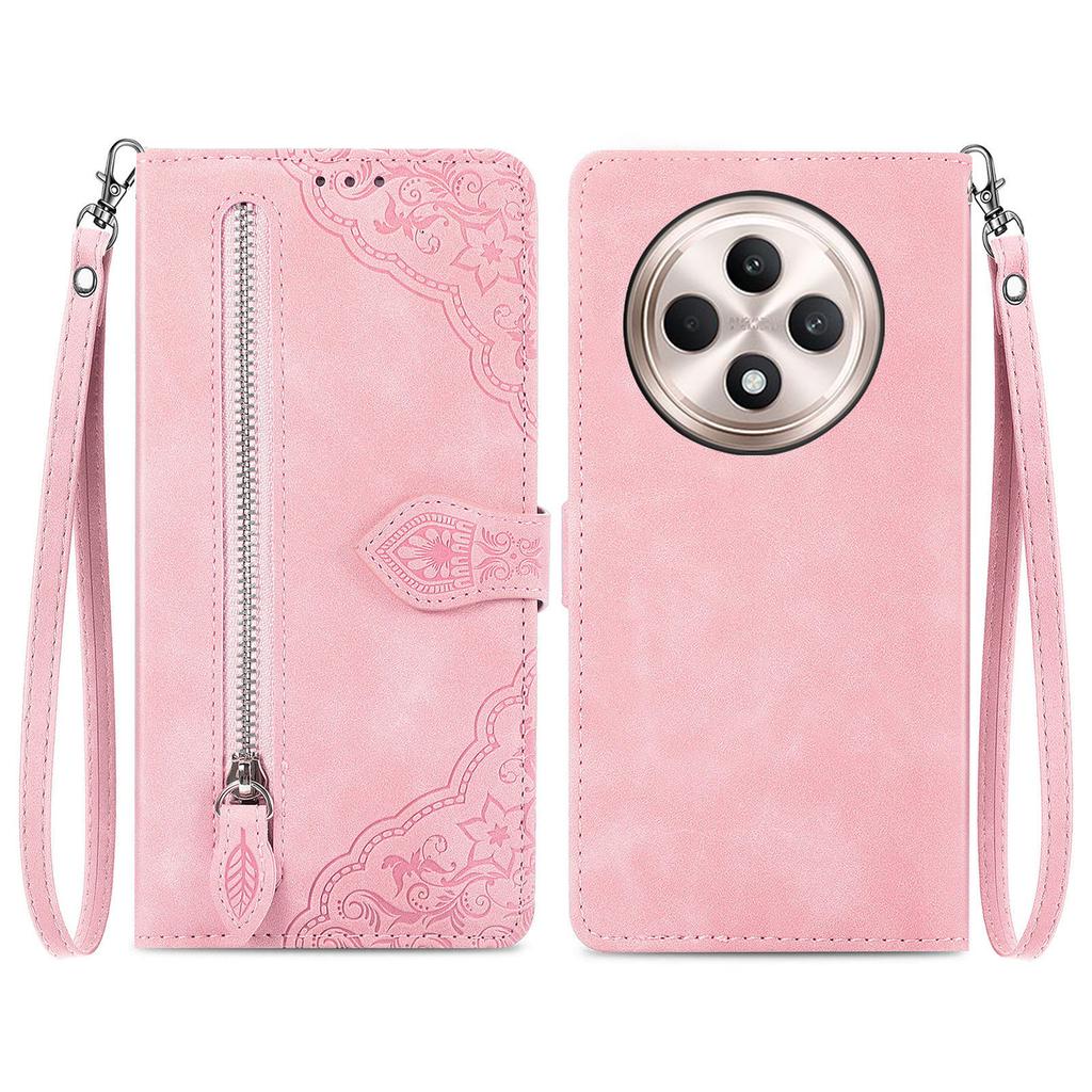 For Oppo Reno12 F 5G Zipper Wallet Case with Strap Flower Imprint PU Leather Phone Cover