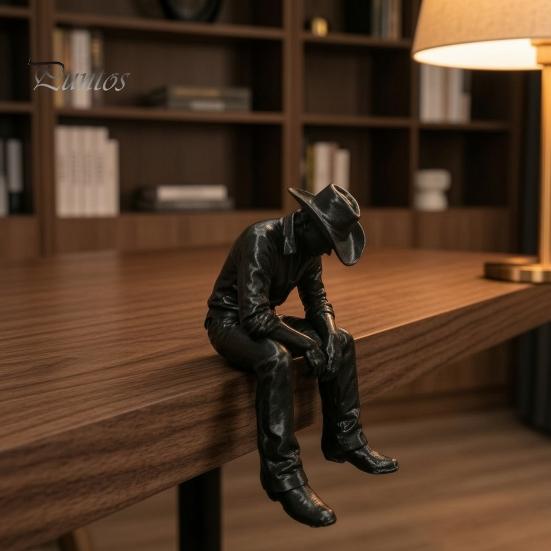 Retro Stijl Bureaubeeldje Westerse Cowboy Bureau Decoratie, 3D Geprint Randhangend met Zwaaiende Benen, Creatieve Verhalende Decoratie Mat Zwart