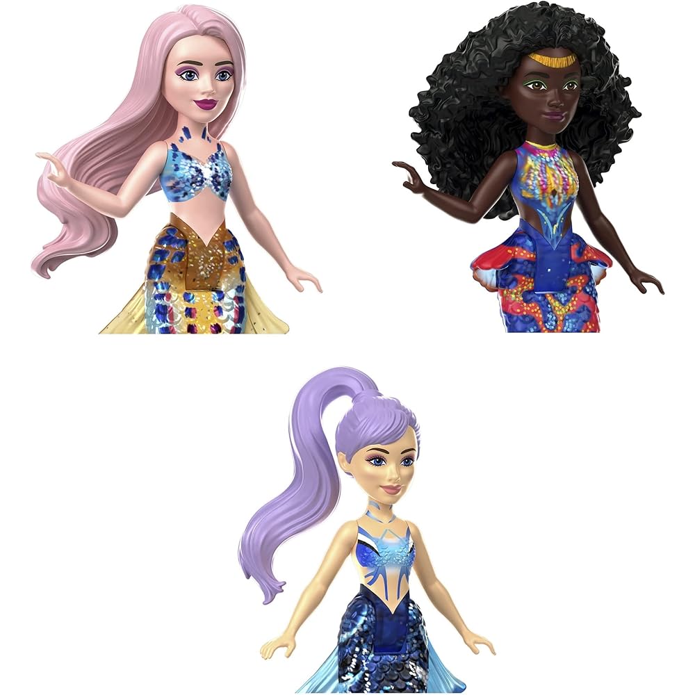 Mattel Disney Little Mermaid Mini Doll Set 7 Pieces Glitter Tail Movable Dress-Up Dolls Ages 3+