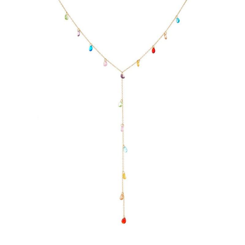 Gold Colorful Water Drop Crystal Lariat Necklace for Women