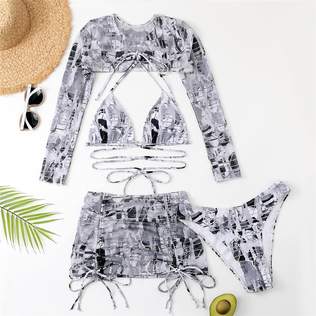 

Новый бикини с длинными рукавами и принтом на шее, женский купальник, женский купальник, комплект бикини из четырех частей, купальный костюм L