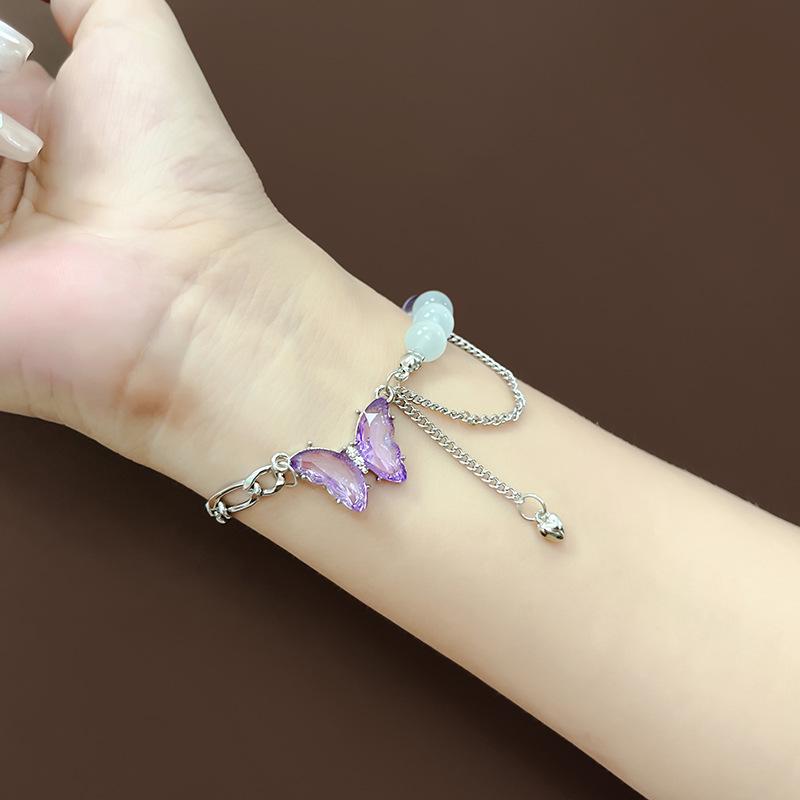Fashion Trendy Handmade Purple Butterfly Pearl Chain Bracelet Beautiful Small Fresh Personality Bracelet Women