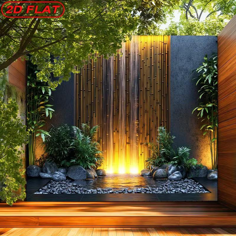 2D Modern Bamboo Water Feature Backdrop Photography Background Banner