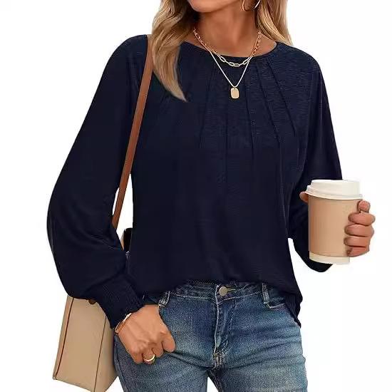 Women's Ruched Long Sleeve Blouse Casual Loose Fit Crew Neck Top Solid Color T-Shirt