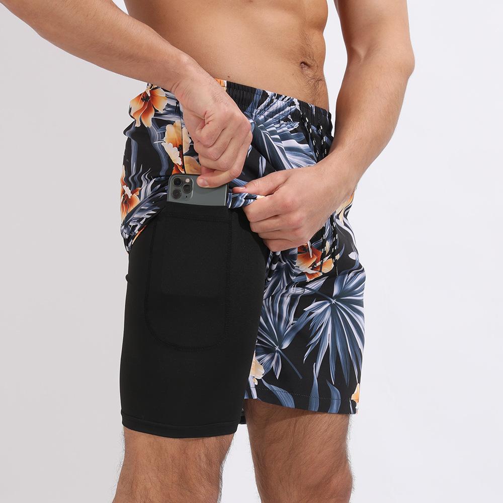 Men's Summer Sports and Leisure Printed Double-layer Anti Glare Beach Shorts