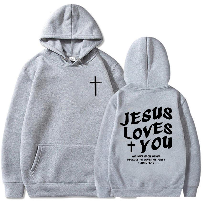 Jesus elsker deg Kristne bibelvers hettegensere Bokstavgrafikk trykk Sweatshirts Menn Kvinner Hettegensere Unisex topper