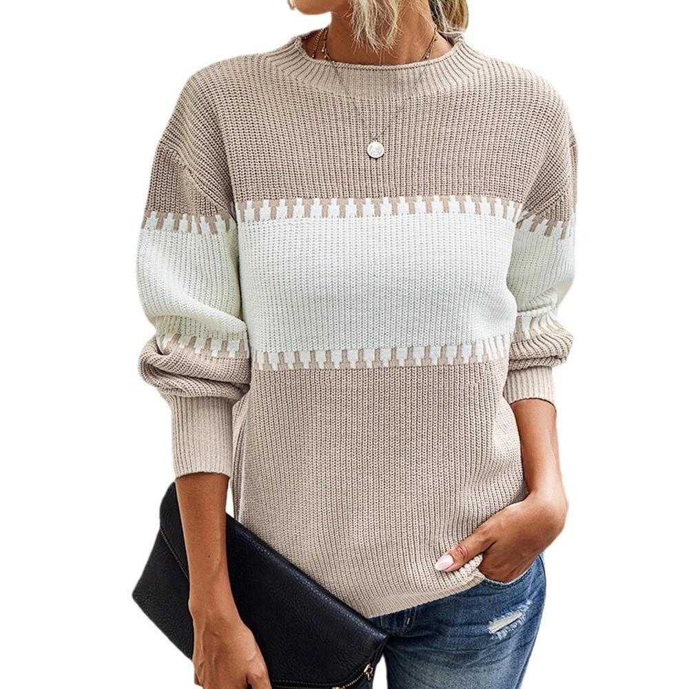 Contrast Colour Striped Knitted Sweater for Women Bell Sleeves Top Women's Round Neck Luxurious Relaxed-fit Slimming and Versatile Top