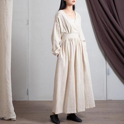 Spring Autumn V-neck Loose Solid Color Long Vintage Loose Simple Dress