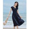 Elegant French V-Neck Puff Sleeve A-Line Midi Dress