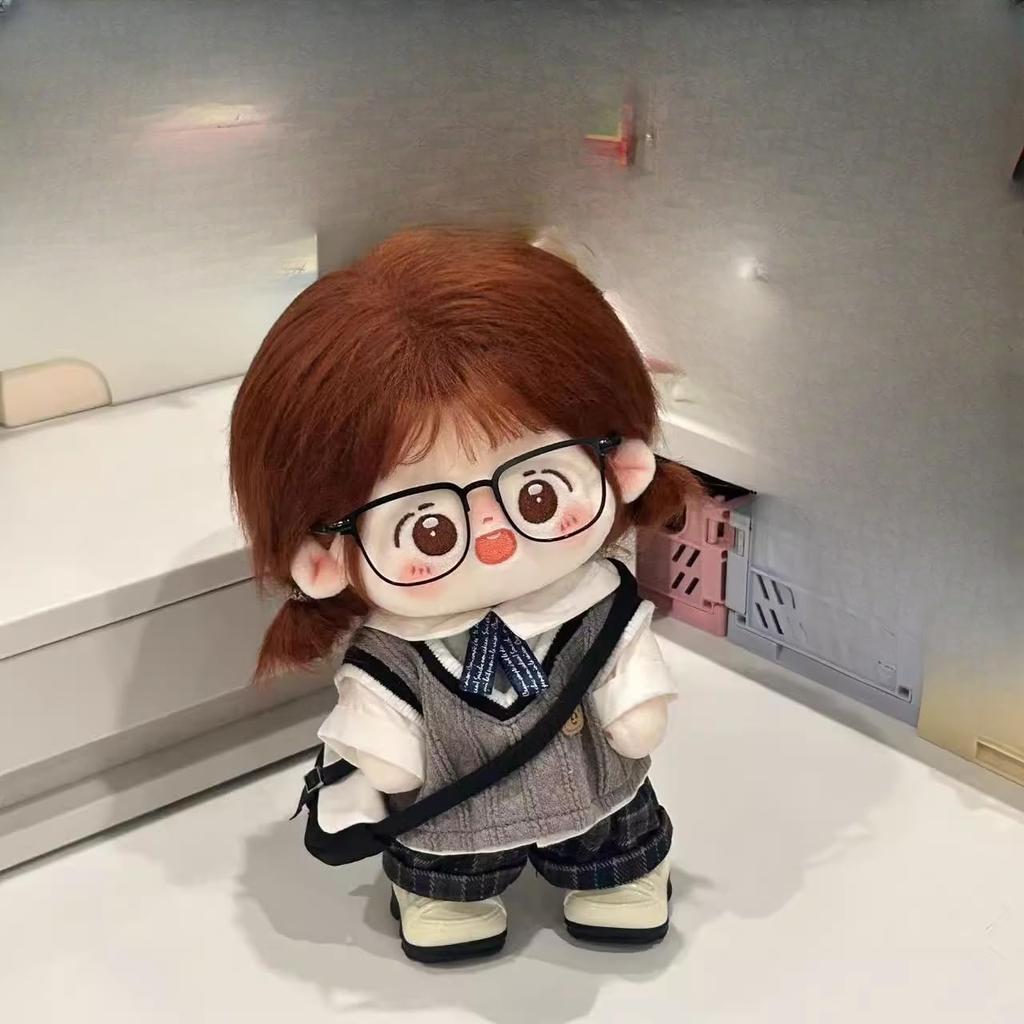 20cm Plush Doll Clothes, Handmade, Stuffed Doll Clothes, 4-Piece School-Style Plush Outfit Set: Vest, Shirt, Ribbon, and Pants (Gray, 20cm) [Used]