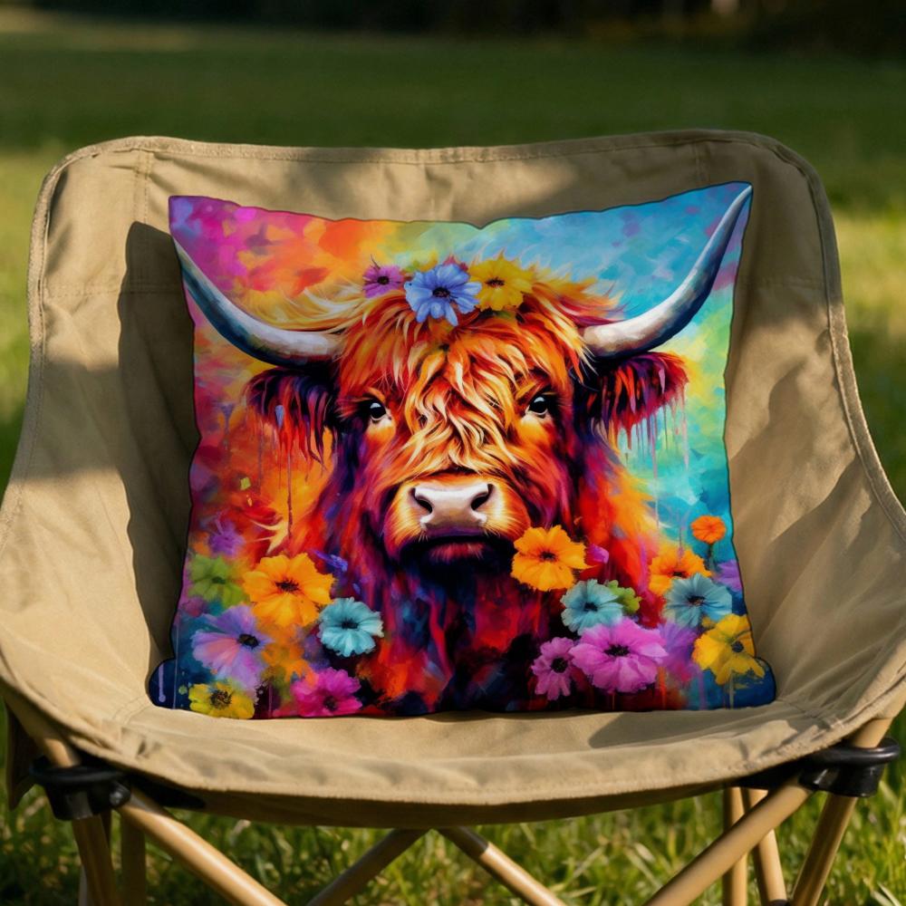 Vibrant Highland Cow Pattern Cushion Cover Soft Reversible  Durable Pillow Cover  MultiScene Use for Home  Car Daily Comfort