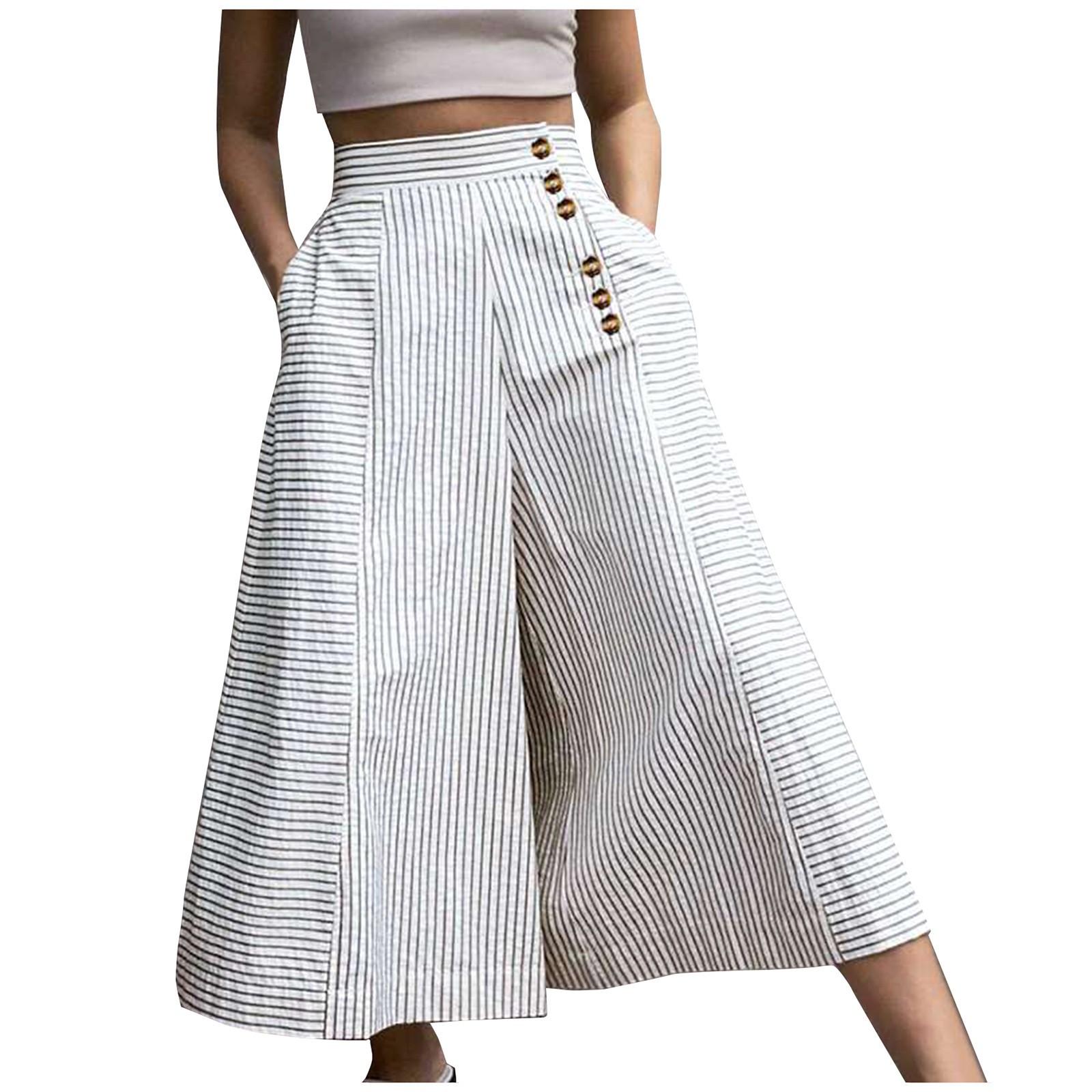 

Женские модные повседневные полосатые однотонные брюки с высокой талией и широкими штанинами на пуговицах, свободные повседневные нарядные женские брюки M белый